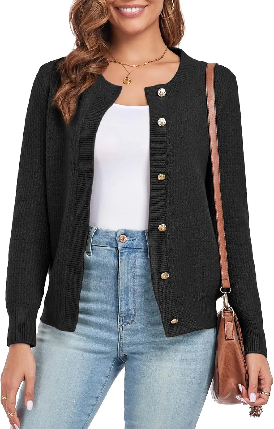 Women's Long Sleeve Button Knit Cardigan Sweater Open Front Crew Neck Striped Cardigan Jacket
