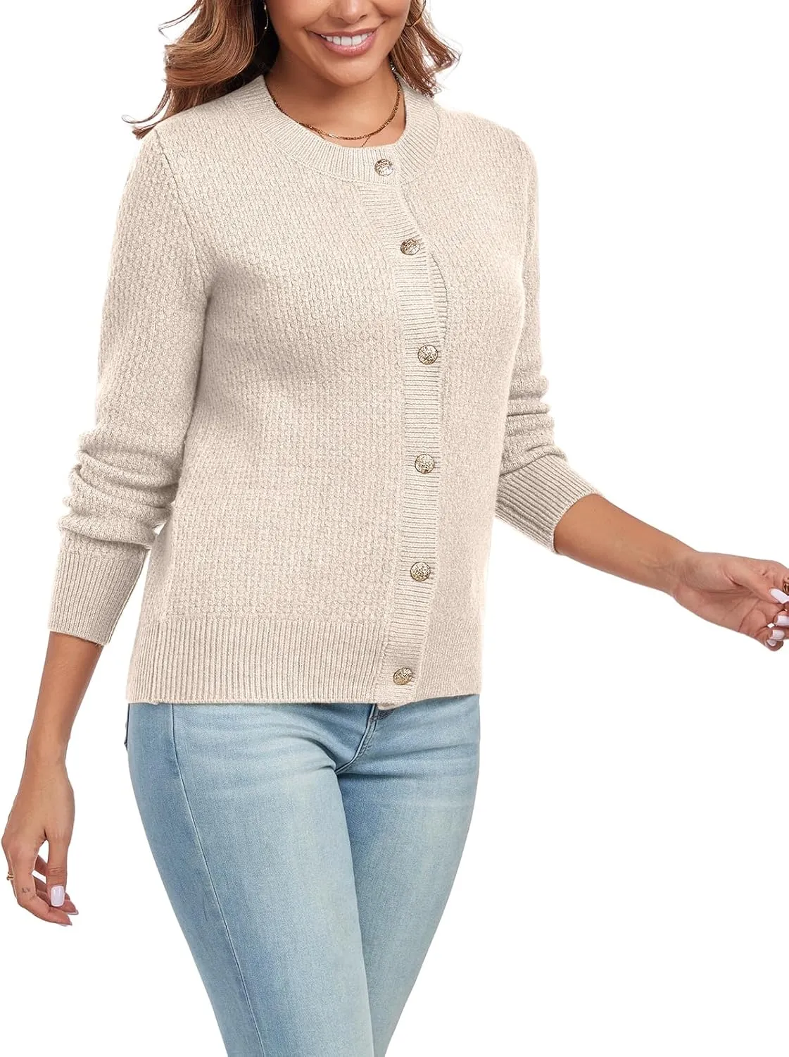 Women's Long Sleeve Button Knit Cardigan Sweater Open Front Crew Neck Striped Cardigan Jacket