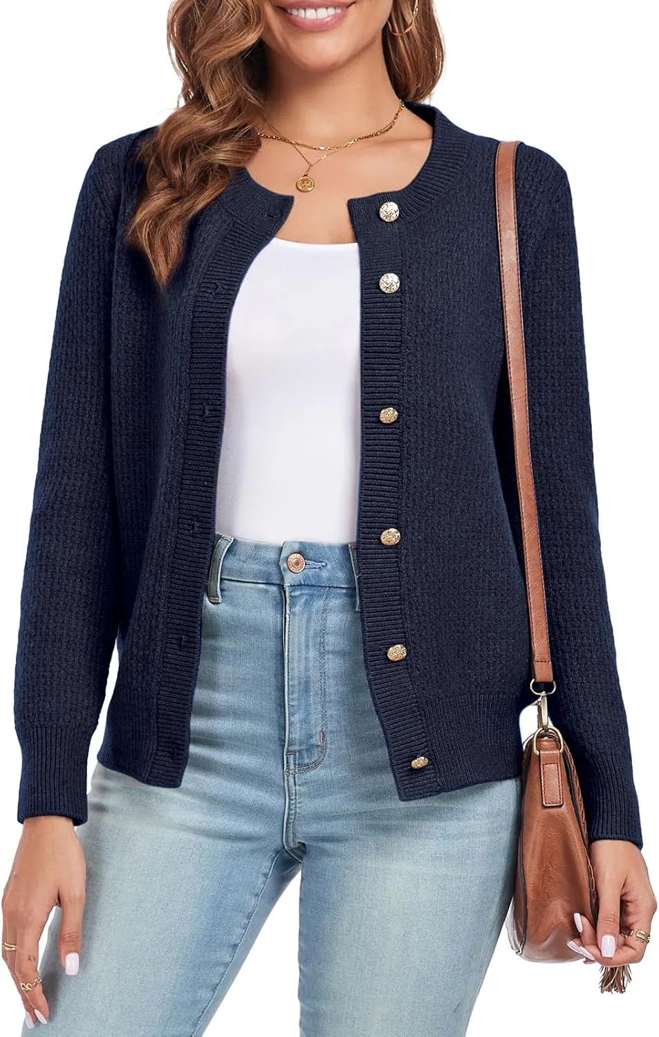 Women's Long Sleeve Button Knit Cardigan Sweater Open Front Crew Neck Striped Cardigan Jacket