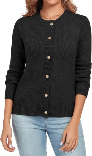 Women's Long Sleeve Button Knit Cardigan Sweater Open Front Crew Neck Striped Cardigan Jacket