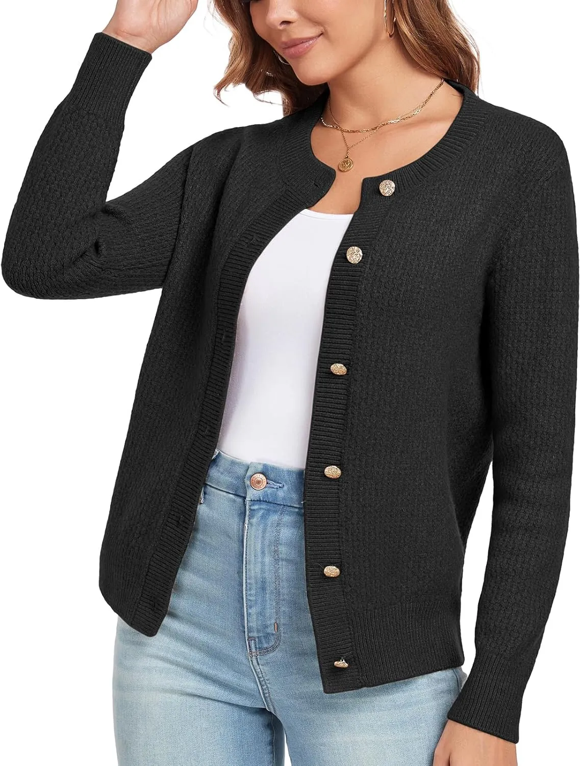 Women's Long Sleeve Button Knit Cardigan Sweater Open Front Crew Neck Striped Cardigan Jacket