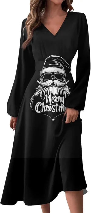 Women's Long Sleeve Dressy Dresses Casual V-Neck Fashion Midi Winter Christmas Printed Trendy Swing Dress