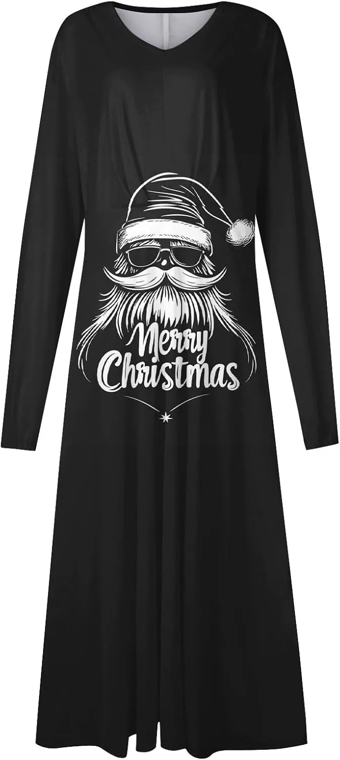 Women's Long Sleeve Dressy Dresses Casual V-Neck Fashion Midi Winter Christmas Printed Trendy Swing Dress