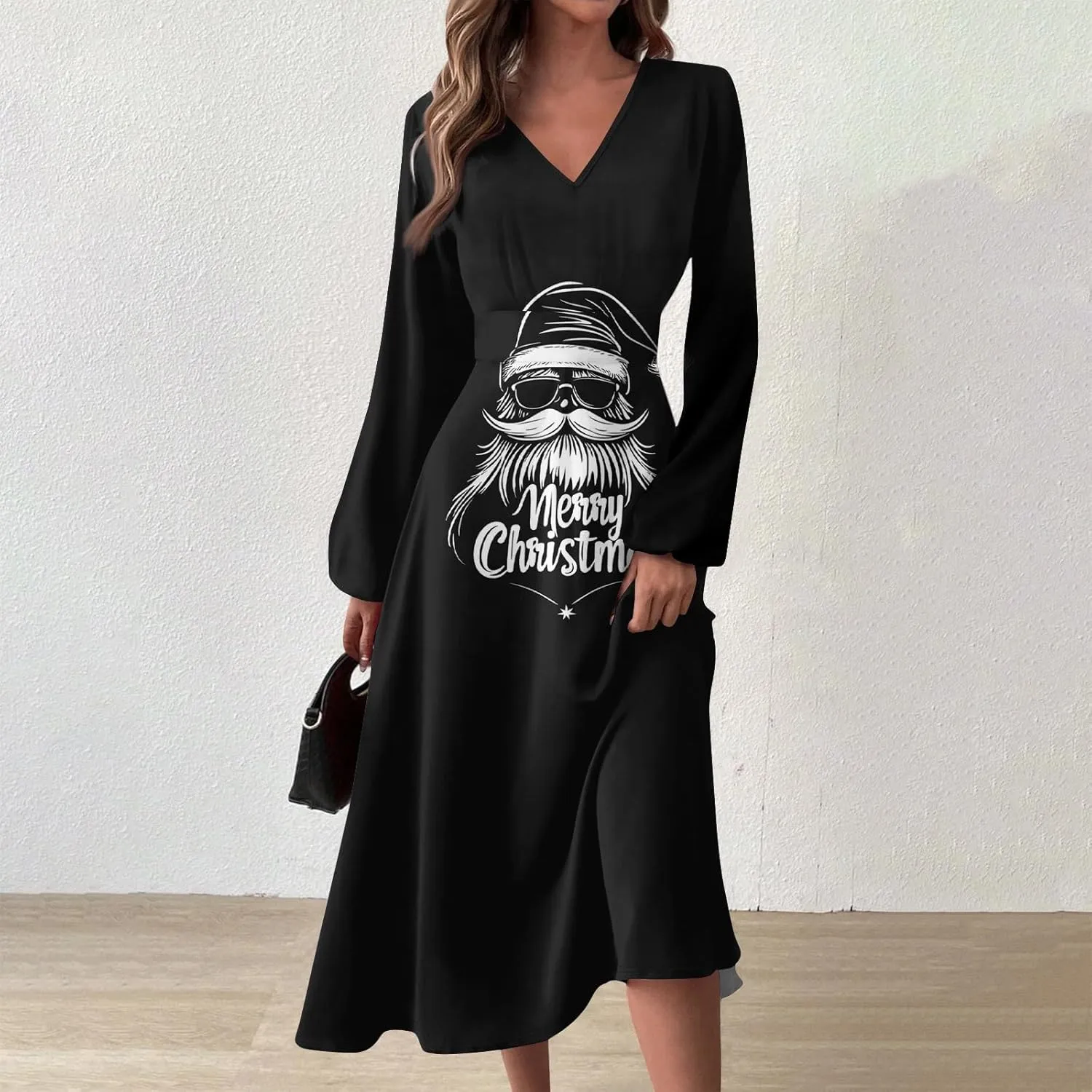 Women's Long Sleeve Dressy Dresses Casual V-Neck Fashion Midi Winter Christmas Printed Trendy Swing Dress