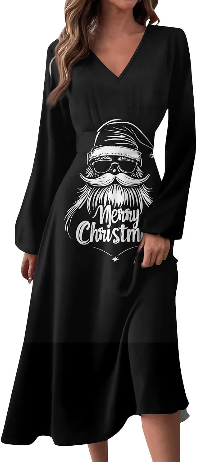 Women's Long Sleeve Dressy Dresses Casual V-Neck Fashion Midi Winter Christmas Printed Trendy Swing Dress