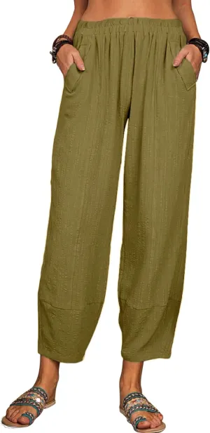 Womens Loose Casual Wide Leg Pants Loose Lightweight Comfy Elastic Waist Lantern Tapered Cropped Trousers with Pockets
