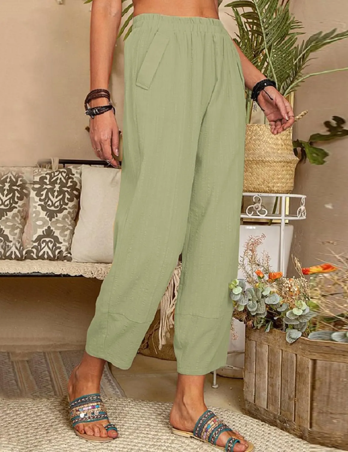 Womens Loose Casual Wide Leg Pants Loose Lightweight Comfy Elastic Waist Lantern Tapered Cropped Trousers with Pockets