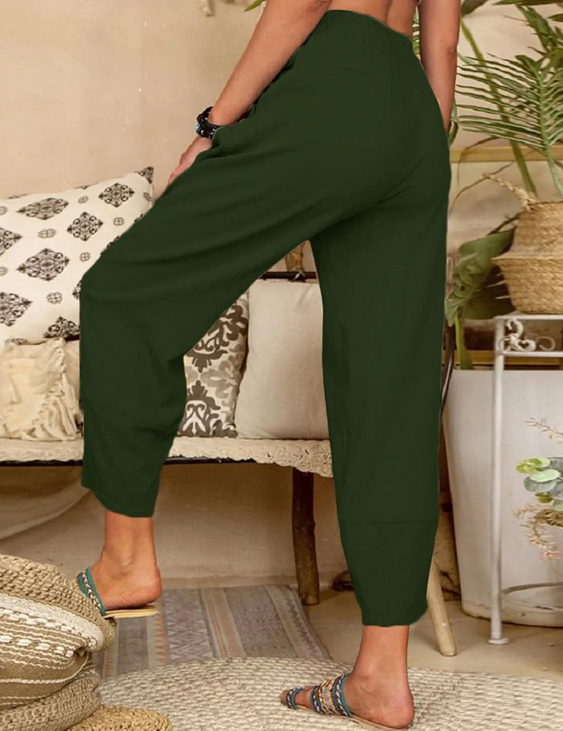 Womens Loose Casual Wide Leg Pants Loose Lightweight Comfy Elastic Waist Lantern Tapered Cropped Trousers with Pockets