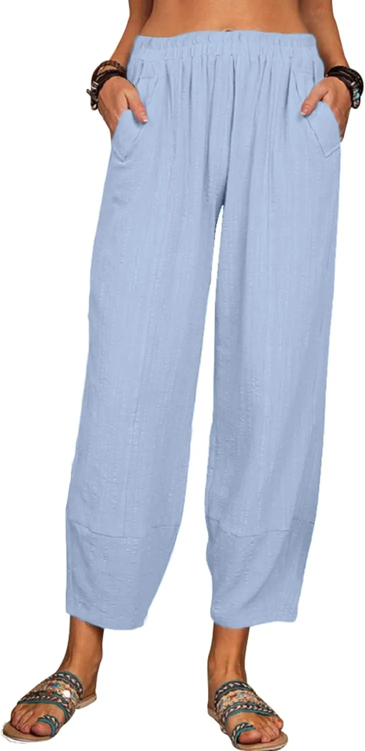 Womens Loose Casual Wide Leg Pants Loose Lightweight Comfy Elastic Waist Lantern Tapered Cropped Trousers with Pockets