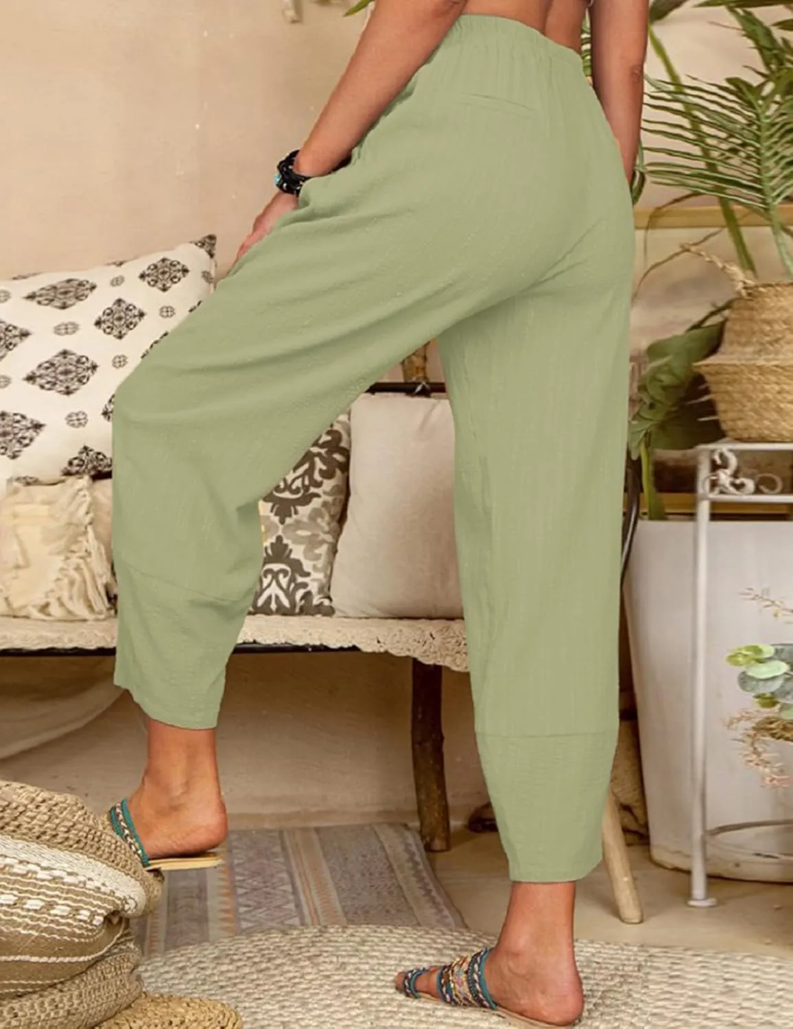 Womens Loose Casual Wide Leg Pants Loose Lightweight Comfy Elastic Waist Lantern Tapered Cropped Trousers with Pockets