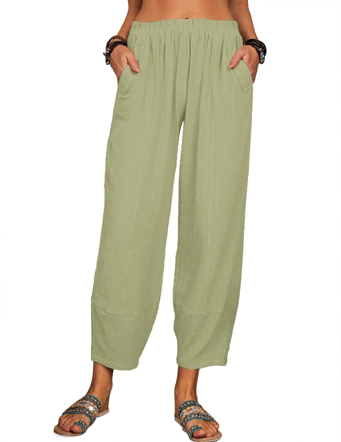Womens Loose Casual Wide Leg Pants Loose Lightweight Comfy Elastic Waist Lantern Tapered Cropped Trousers with Pockets