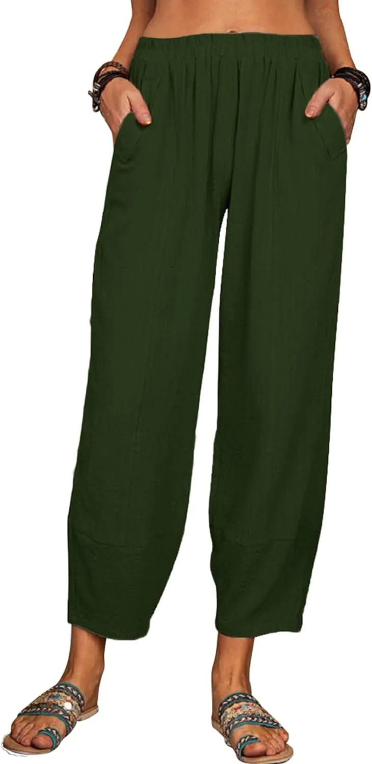 Womens Loose Casual Wide Leg Pants Loose Lightweight Comfy Elastic Waist Lantern Tapered Cropped Trousers with Pockets