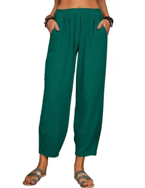 Womens Loose Casual Wide Leg Pants Loose Lightweight Comfy Elastic Waist Lantern Tapered Cropped Trousers with Pockets