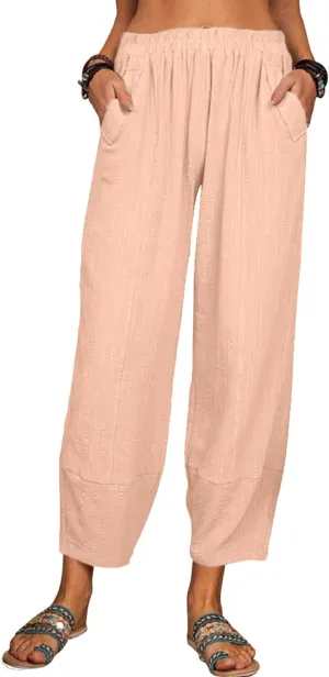Womens Loose Casual Wide Leg Pants Loose Lightweight Comfy Elastic Waist Lantern Tapered Cropped Trousers with Pockets