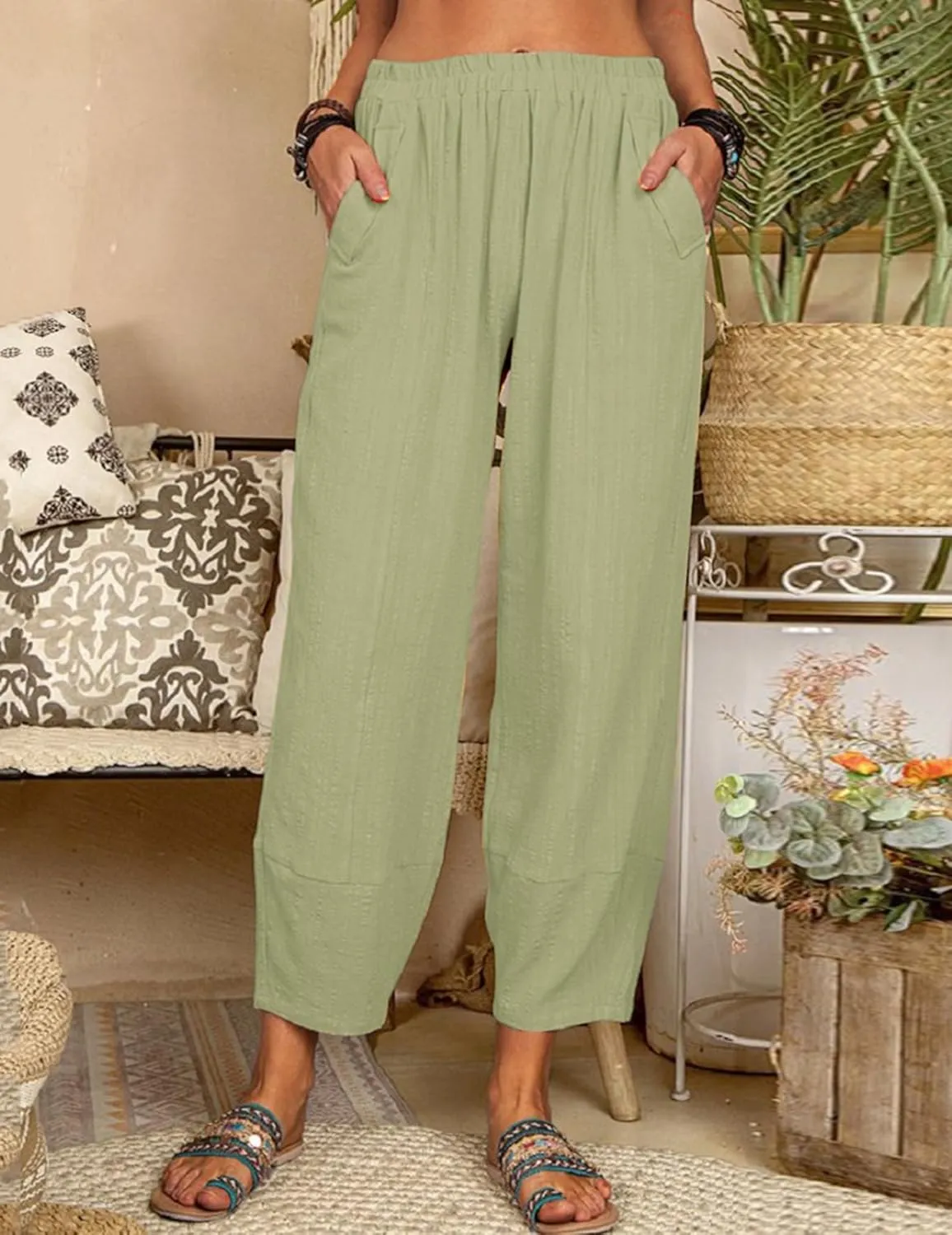 Womens Loose Casual Wide Leg Pants Loose Lightweight Comfy Elastic Waist Lantern Tapered Cropped Trousers with Pockets