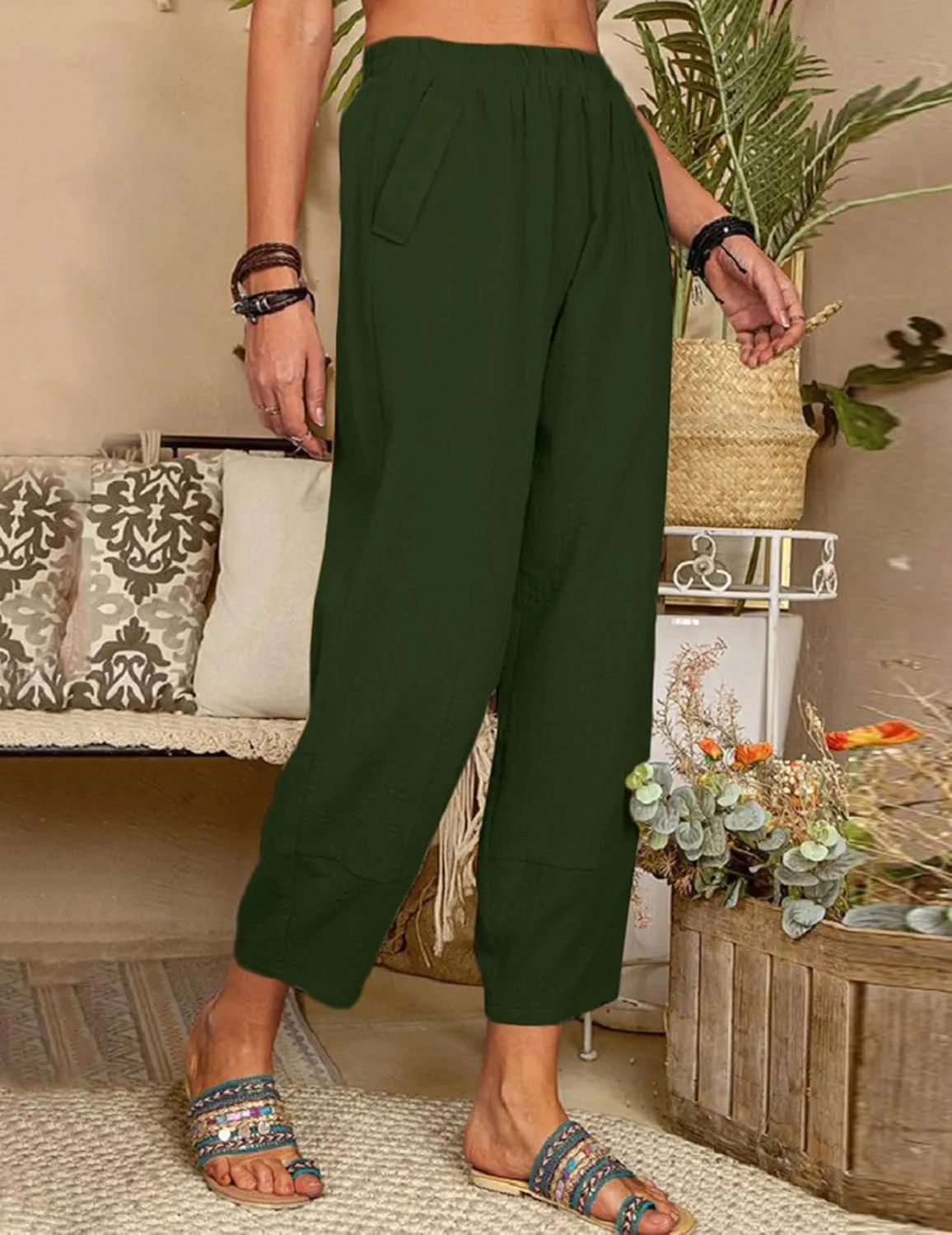 Womens Loose Casual Wide Leg Pants Loose Lightweight Comfy Elastic Waist Lantern Tapered Cropped Trousers with Pockets