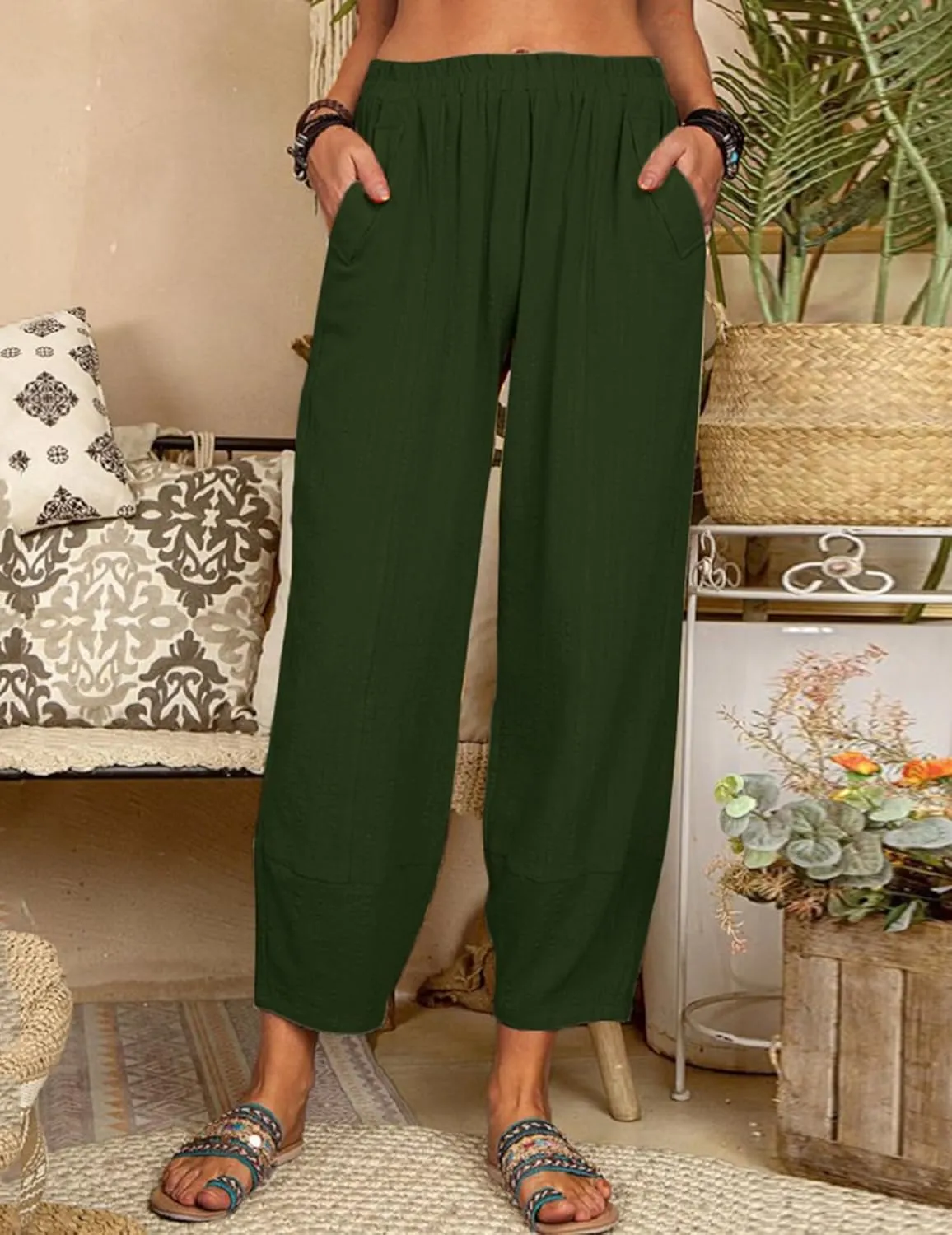 Womens Loose Casual Wide Leg Pants Loose Lightweight Comfy Elastic Waist Lantern Tapered Cropped Trousers with Pockets