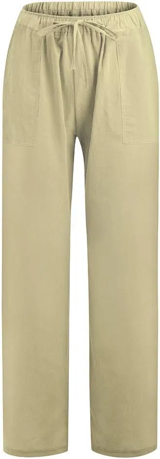 Womens Low-Rise Flowy Linen Pants Summer Beach Relax Fit Sweatpants Aesthetic Drawstring Bootcut Trousers with Pockets