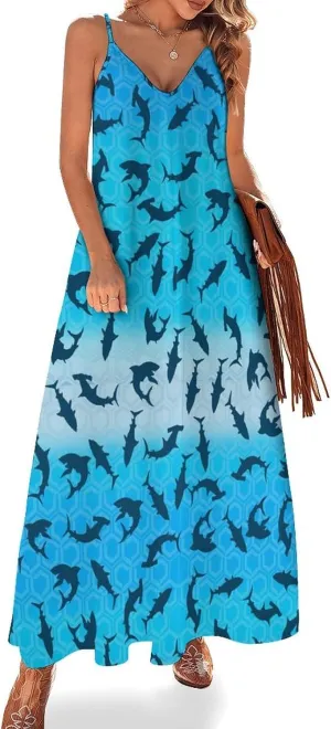 Women's Maxi Dress Tie Dye Seashell Summer Sun Dresses Casual Loose Long Dress V Neck Sleeveless Beach Dresses