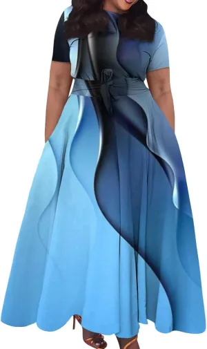 Women's Maxi Dresses Summer Casual Loose Trendy Short Sleeve Floral Print Solid Flowy Dress 2025 Plus Size, XL-5XL