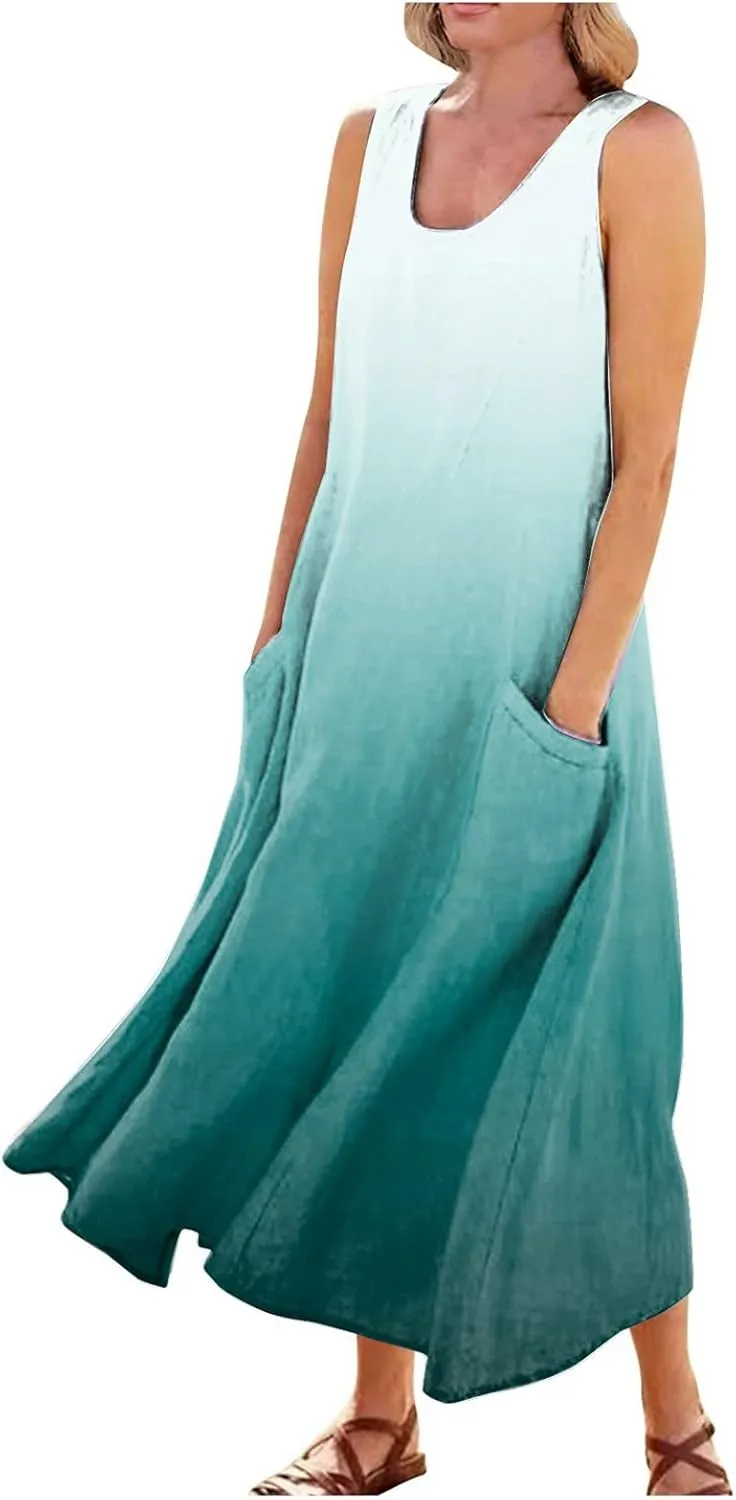 Womens Maxi Dresses Summer Casual Print Boho Cotton Linen Sundress with Pockets Loose Flowy Swing Vacation Long Dress