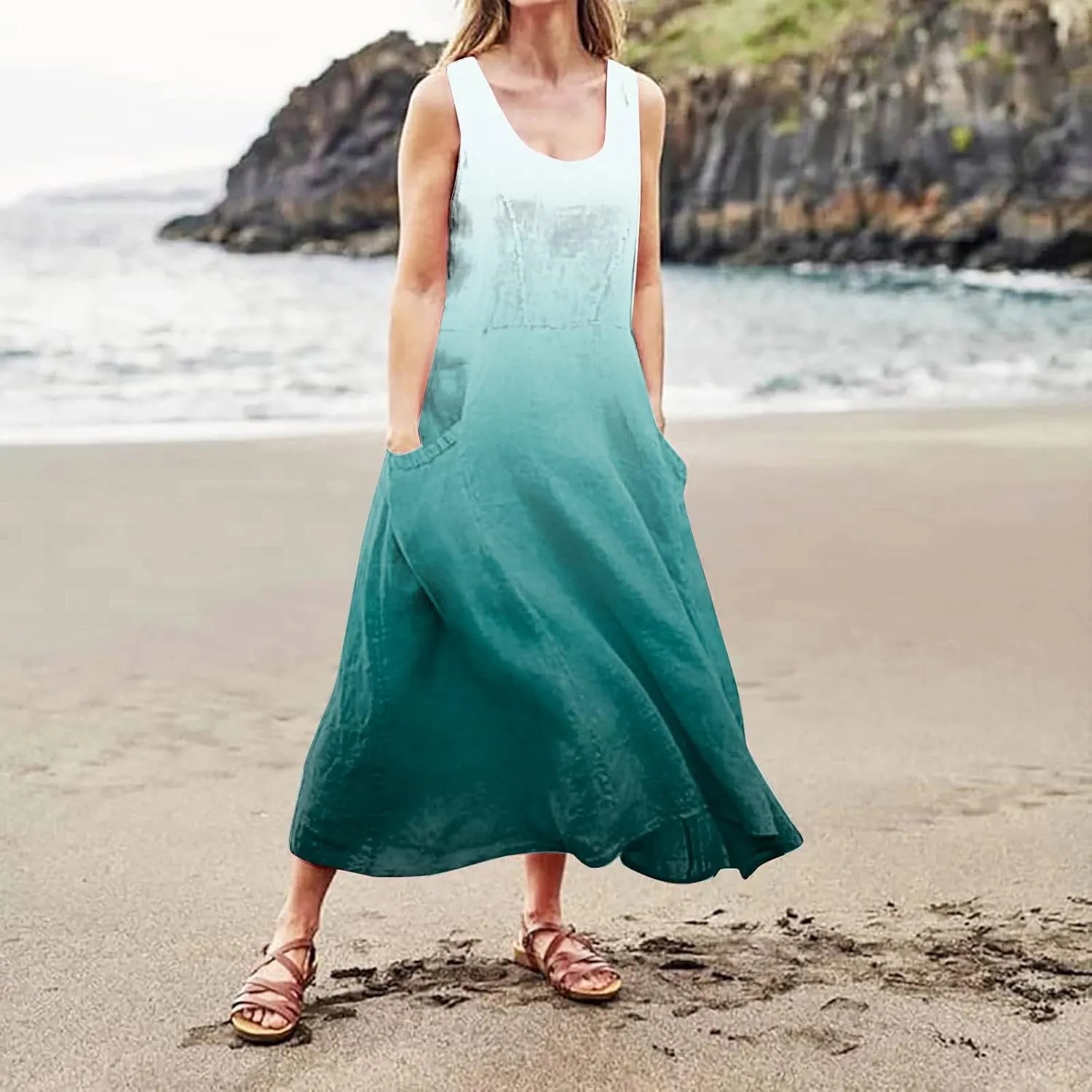 Womens Maxi Dresses Summer Casual Print Boho Cotton Linen Sundress with Pockets Loose Flowy Swing Vacation Long Dress