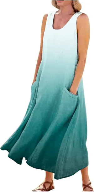 Womens Maxi Dresses Summer Casual Print Boho Cotton Linen Sundress with Pockets Loose Flowy Swing Vacation Long Dress