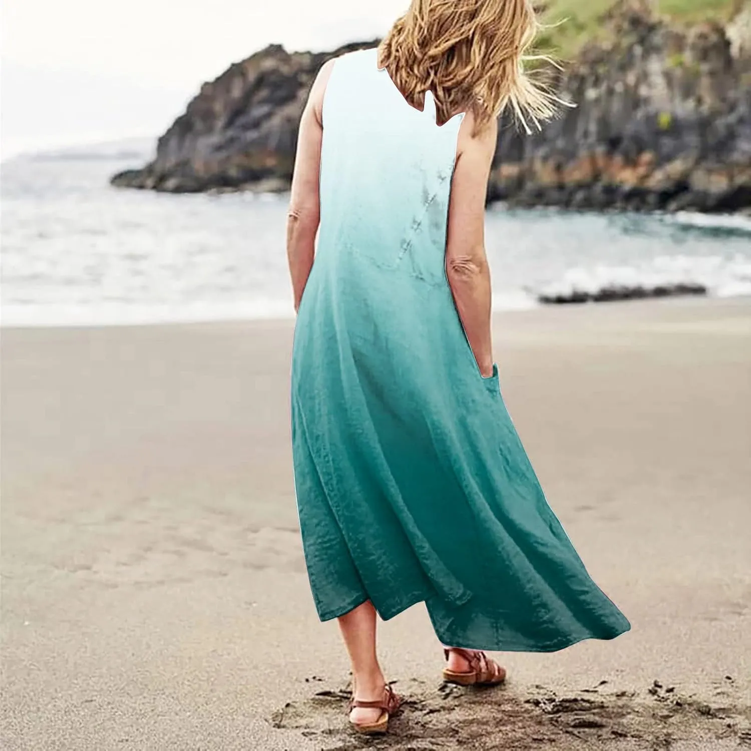 Womens Maxi Dresses Summer Casual Print Boho Cotton Linen Sundress with Pockets Loose Flowy Swing Vacation Long Dress