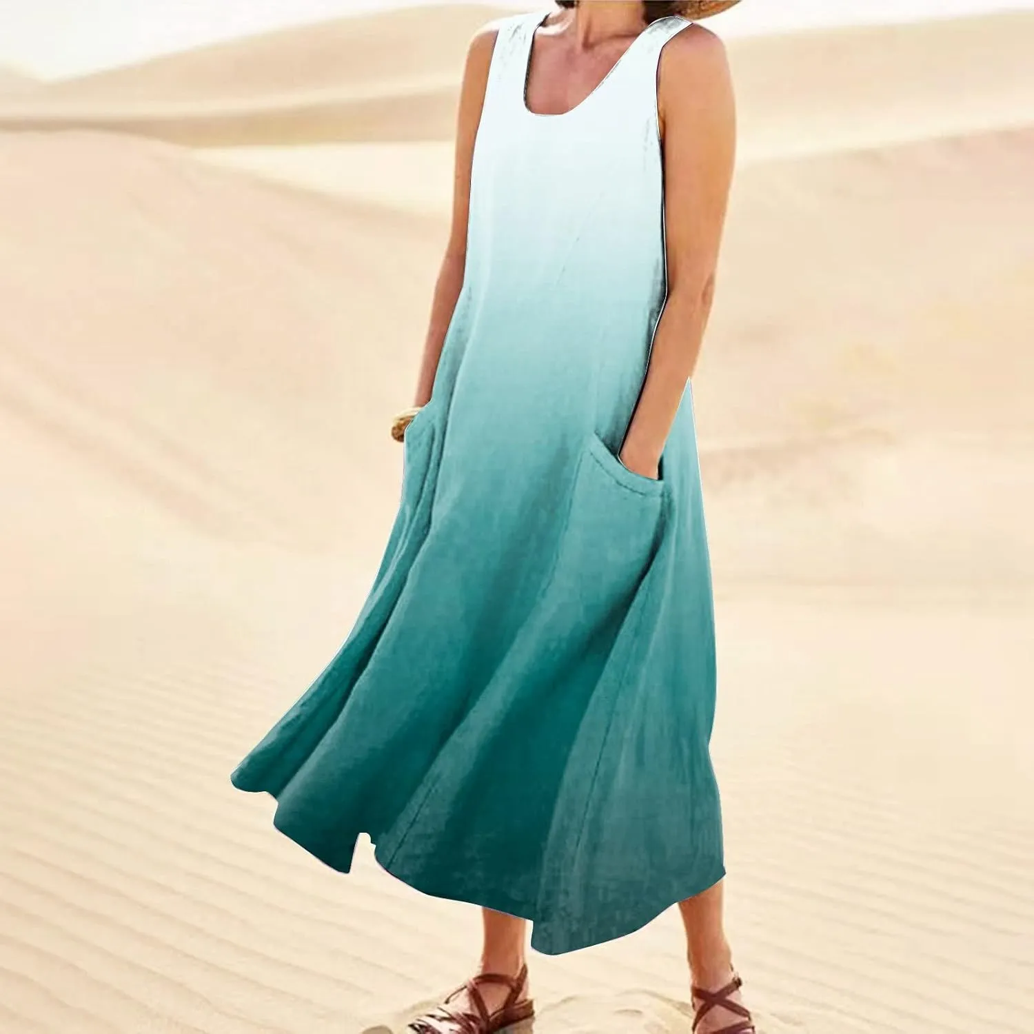 Womens Maxi Dresses Summer Casual Print Boho Cotton Linen Sundress with Pockets Loose Flowy Swing Vacation Long Dress