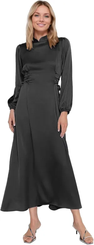 Women's Maxi Satin Bridesmaid Dresses 2025 Long Sleeves A-Line Prom Dresss for Wedding Party Tie Formal Gowns DR0726
