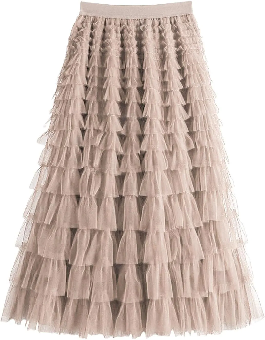 Women's Midi Skirt Elastic High Waist A-Line Ruffle Tiered Layered Mesh Puffy Long Maxi Skirt