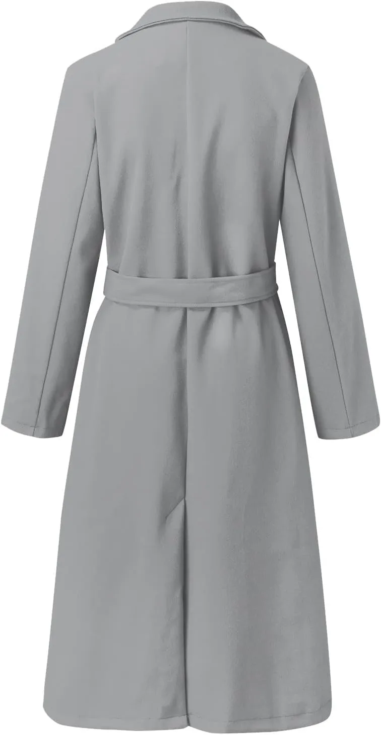 Womens Notch Lapel Trench Coat with Belt Solid Color Jackets Slim Woolen Windproof Outerwear Casual Clothes