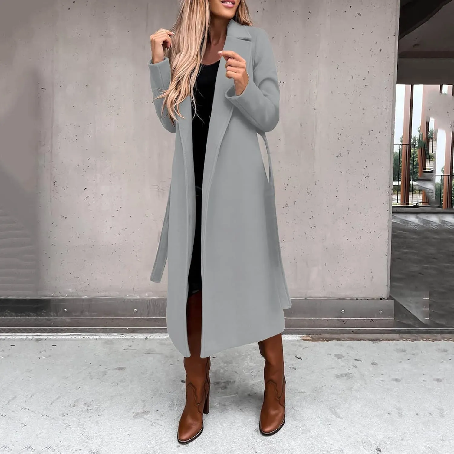 Womens Notch Lapel Trench Coat with Belt Solid Color Jackets Slim Woolen Windproof Outerwear Casual Clothes