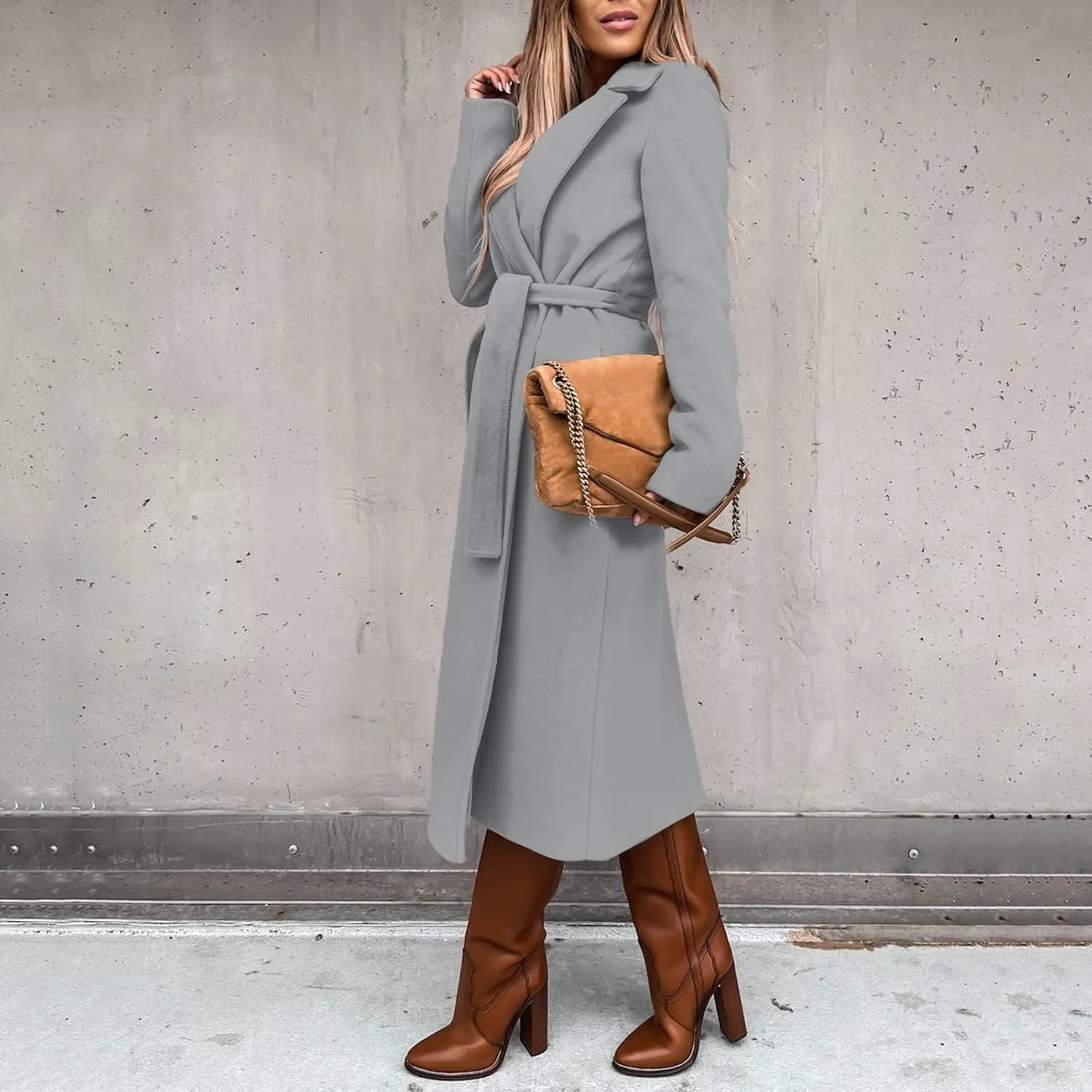 Womens Notch Lapel Trench Coat with Belt Solid Color Jackets Slim Woolen Windproof Outerwear Casual Clothes