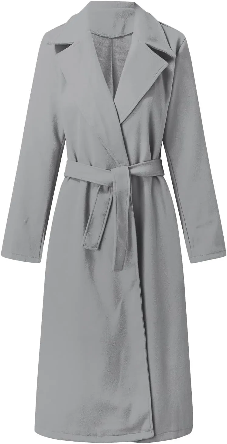 Womens Notch Lapel Trench Coat with Belt Solid Color Jackets Slim Woolen Windproof Outerwear Casual Clothes