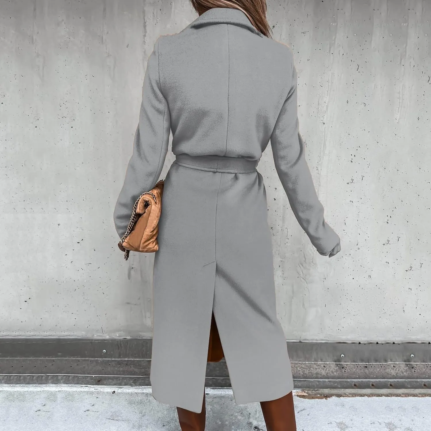 Womens Notch Lapel Trench Coat with Belt Solid Color Jackets Slim Woolen Windproof Outerwear Casual Clothes