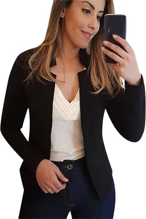 Women's Open Front Work Blazer Business Long Sleeve Jackets Solid Color Office Short Cardigans