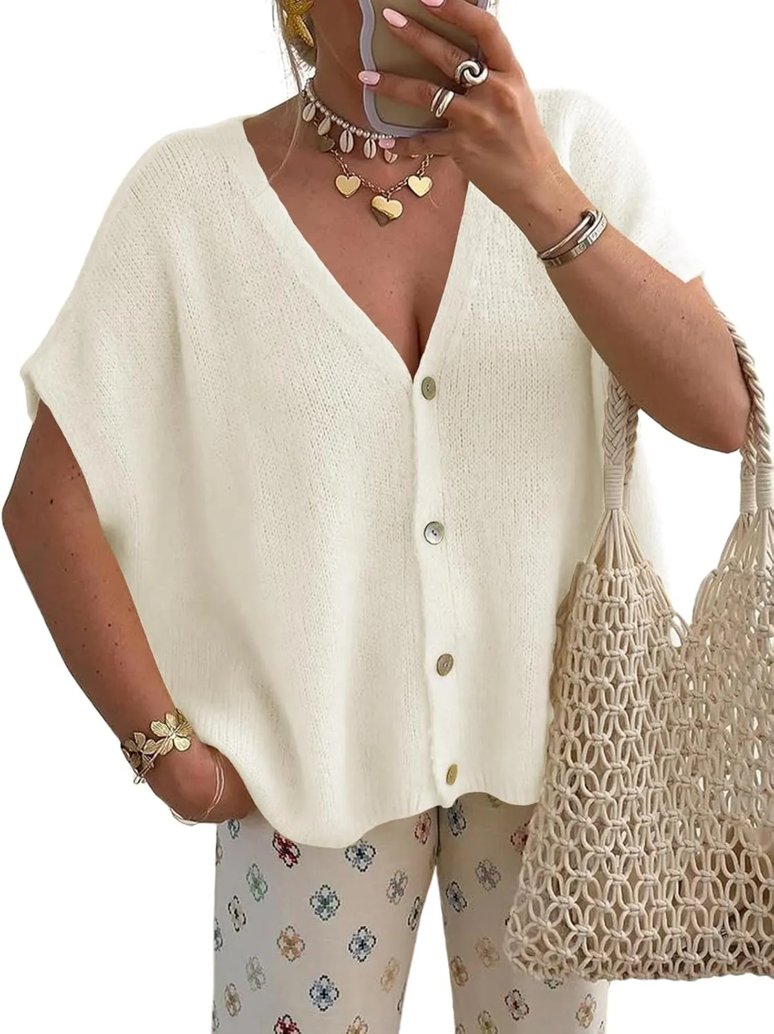 Womens Oversized Button Down Shirts Short Sleeve V Neck Knit Cardigans Batwing Lightweight Sweaters
