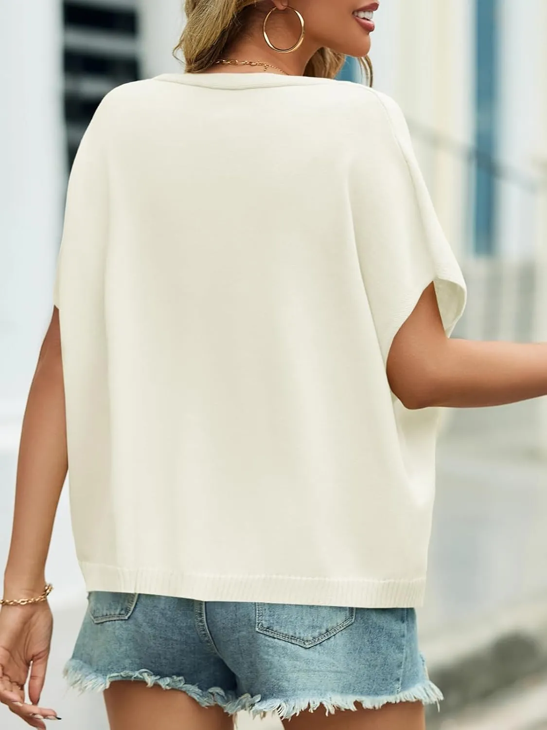 Womens Oversized Button Down Shirts Short Sleeve V Neck Knit Cardigans Batwing Lightweight Sweaters