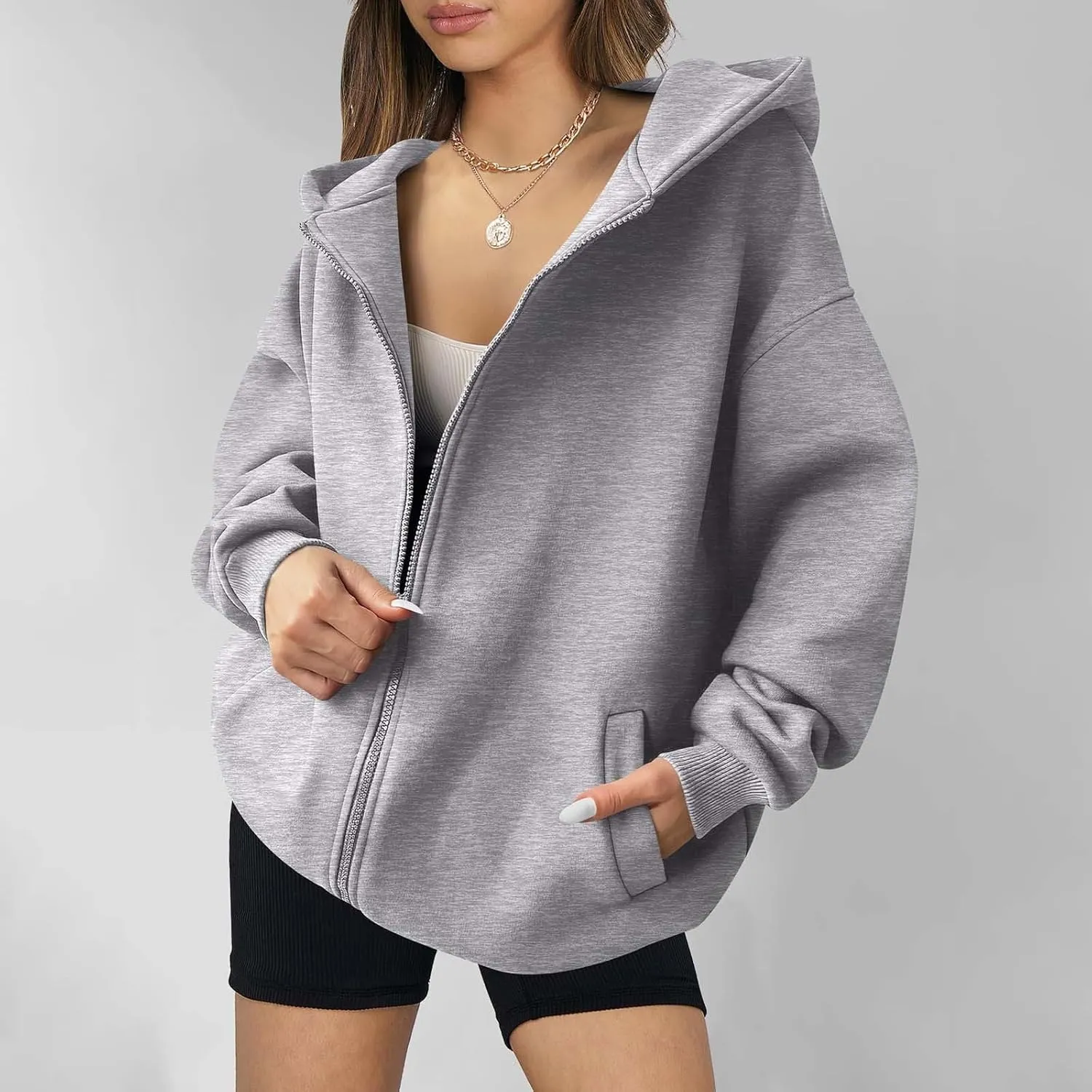 Women's Oversized Hoodies Fleece Lined Zip Up Sweatshrits Casual Fall Jackets Loose Fit Sweatshirt with Pockets