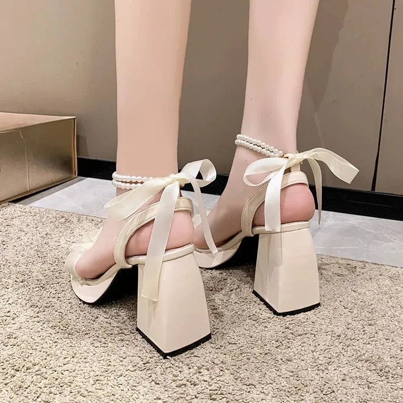Women's Pearl Strap Sandals with Height Block Heels