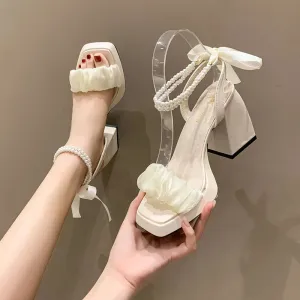 Women's Pearl Strap Sandals with Height Block Heels
