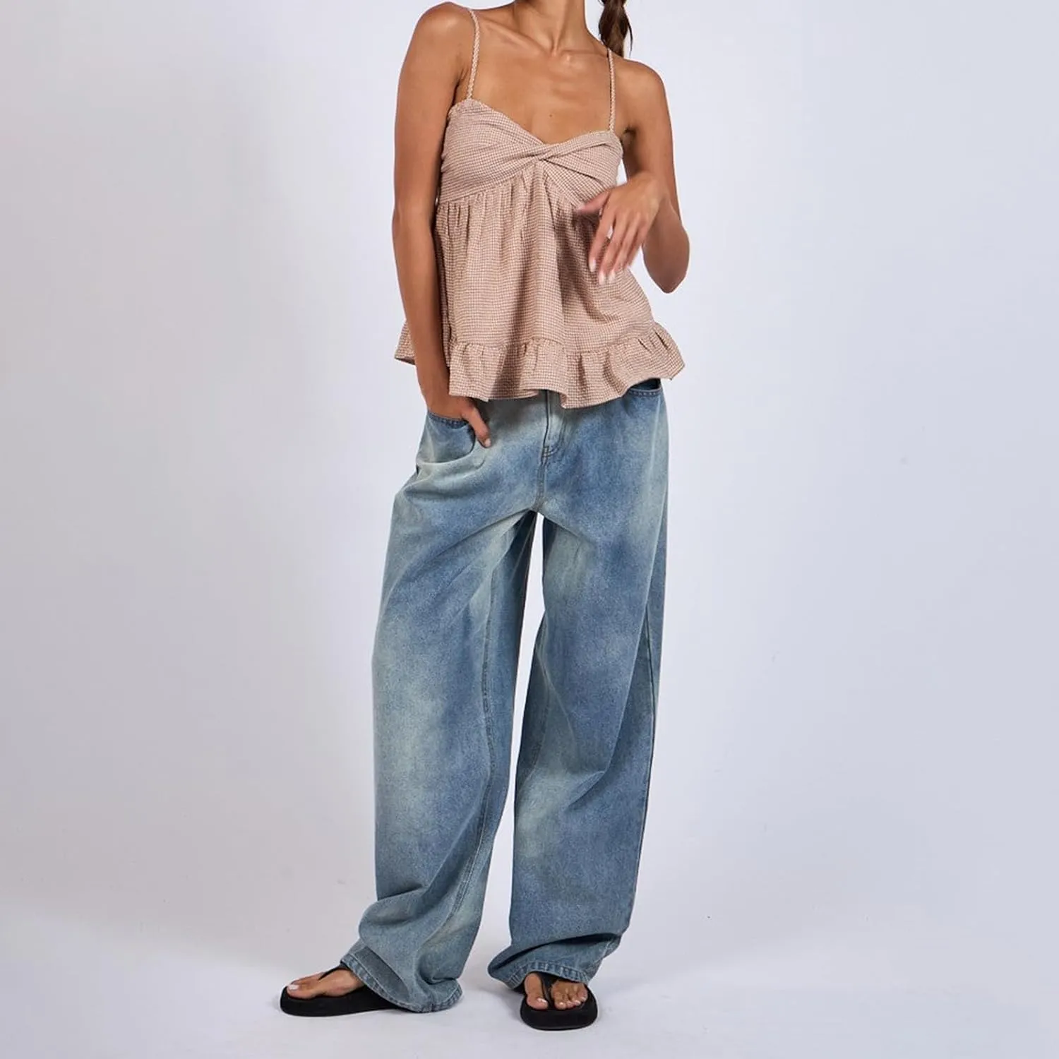 Womens Peplum Tank Tops Y2k Spaghetti Strap Ruffle Hem Smocked Cami Vest Tops Babydoll Summer Camisole