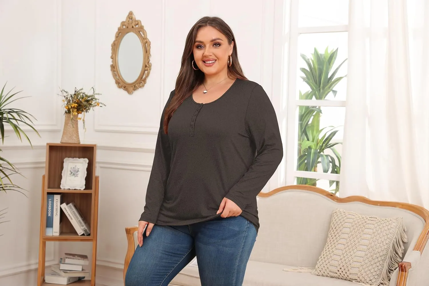 Women's Plus Size Top Henley Neck Shirt Long Sleeve Button Front Round Neck Tee Basic Ladies Loose Fit T Shirt