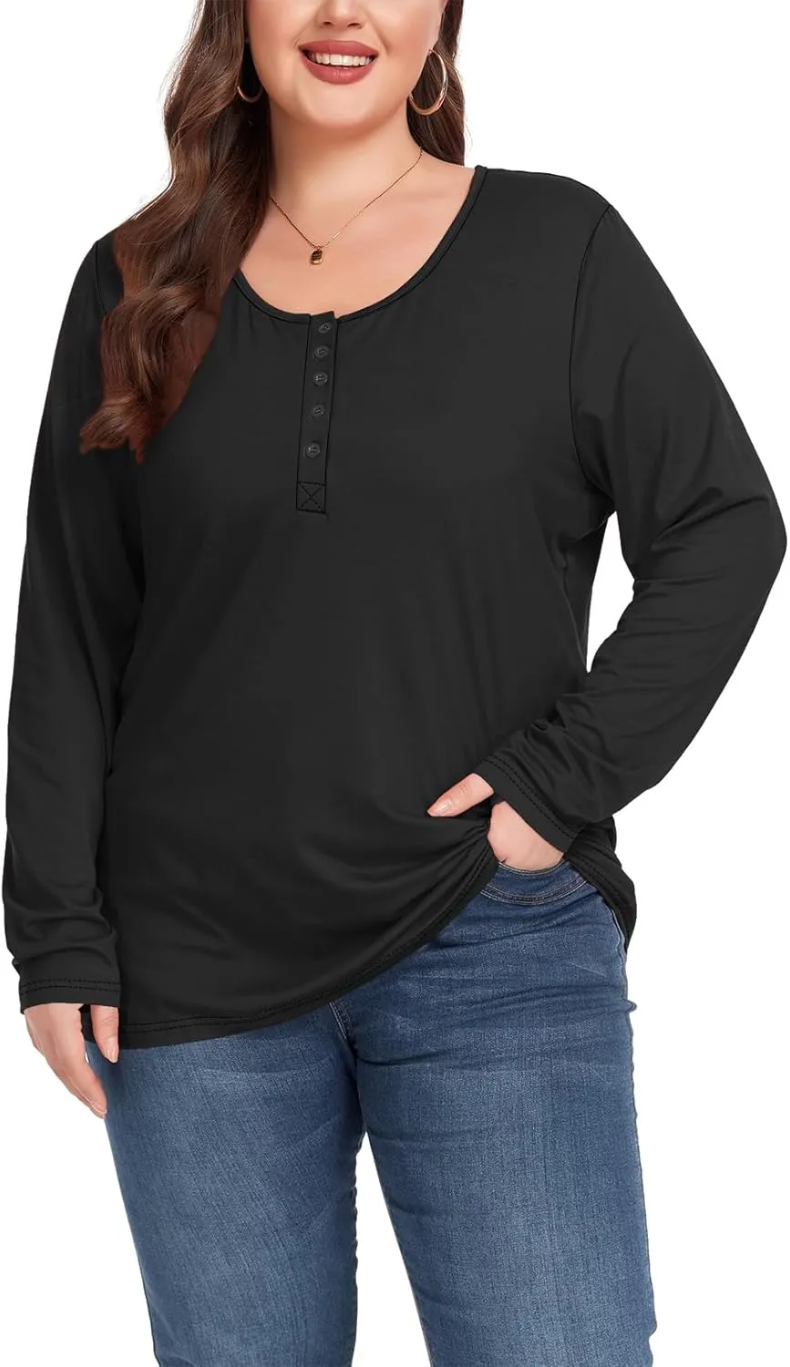 Women's Plus Size Top Henley Neck Shirt Long Sleeve Button Front Round Neck Tee Basic Ladies Loose Fit T Shirt
