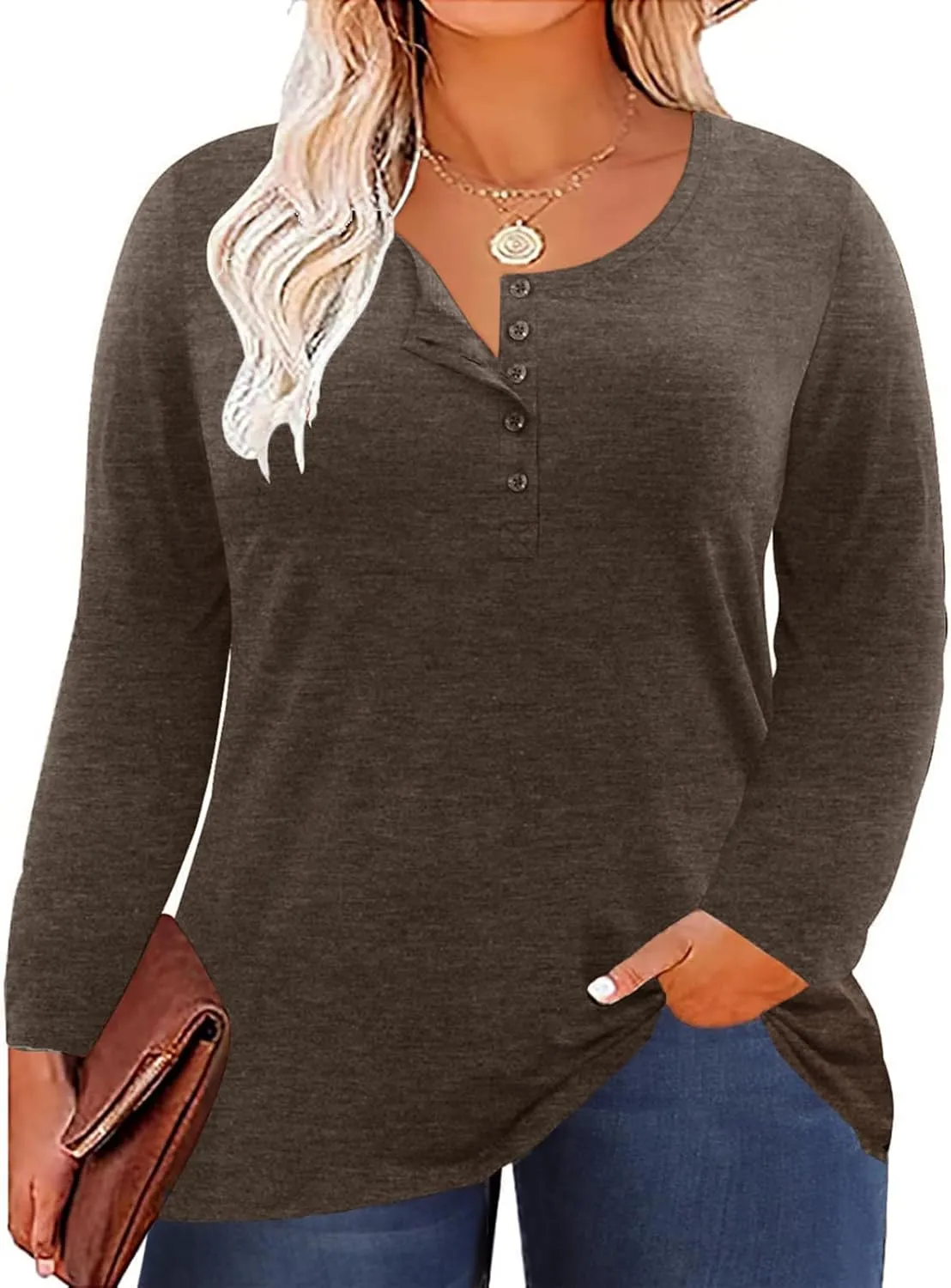 Women's Plus Size Top Henley Neck Shirt Long Sleeve Button Front Round Neck Tee Basic Ladies Loose Fit T Shirt