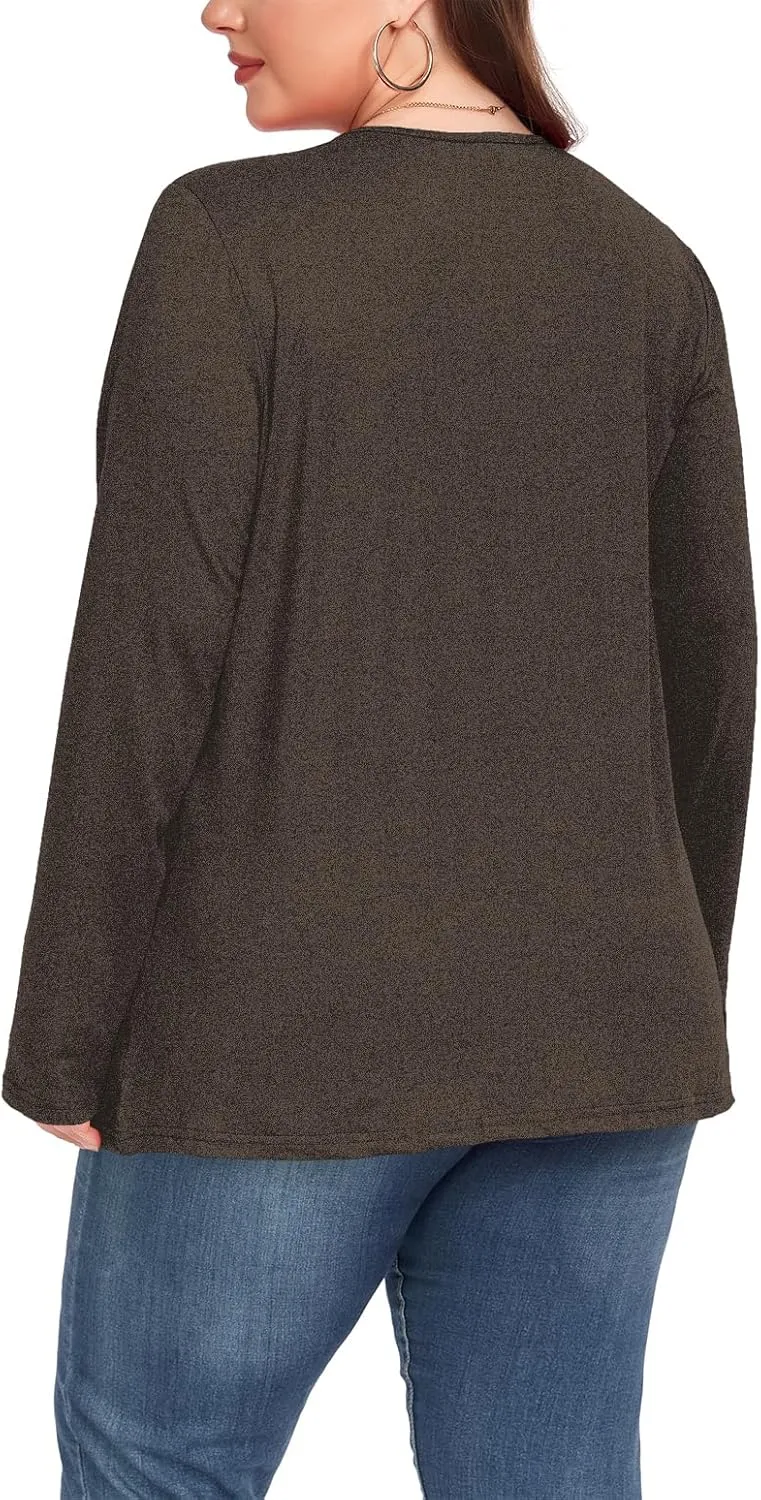 Women's Plus Size Top Henley Neck Shirt Long Sleeve Button Front Round Neck Tee Basic Ladies Loose Fit T Shirt