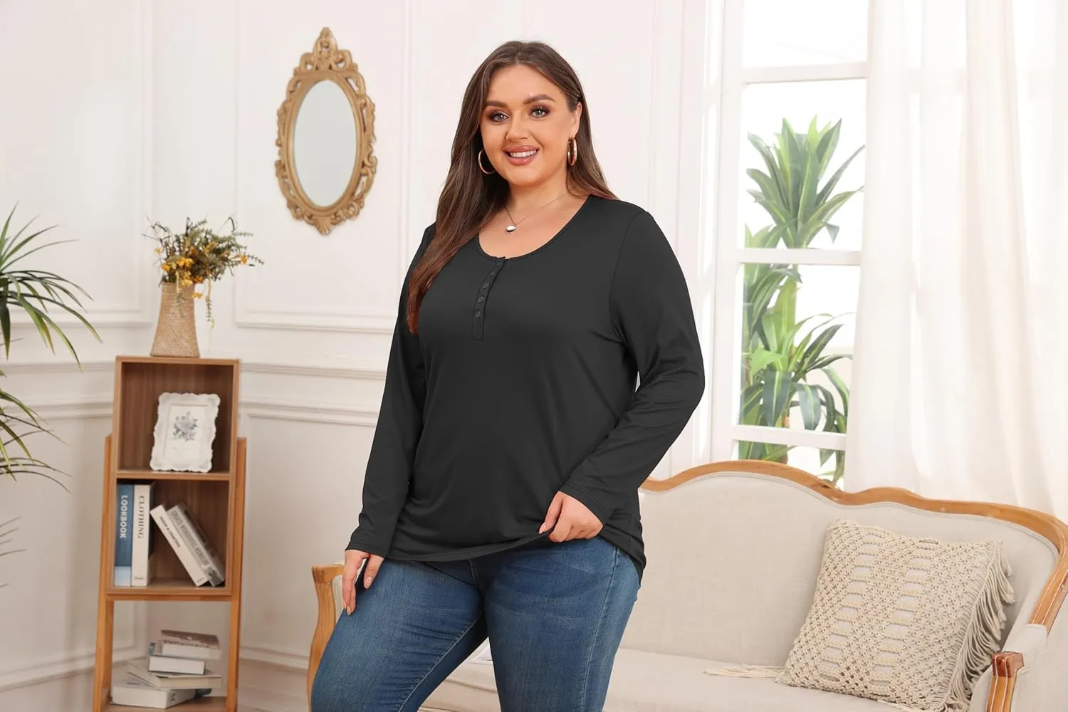 Women's Plus Size Top Henley Neck Shirt Long Sleeve Button Front Round Neck Tee Basic Ladies Loose Fit T Shirt