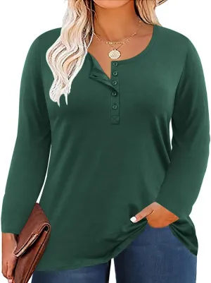 Women's Plus Size Top Henley Neck Shirt Long Sleeve Button Front Round Neck Tee Basic Ladies Loose Fit T Shirt