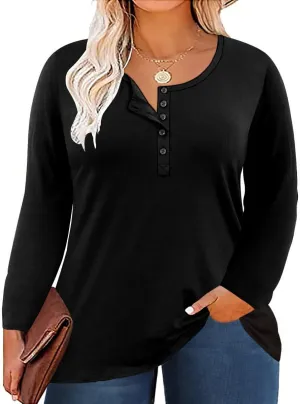 Women's Plus Size Top Henley Neck Shirt Long Sleeve Button Front Round Neck Tee Basic Ladies Loose Fit T Shirt